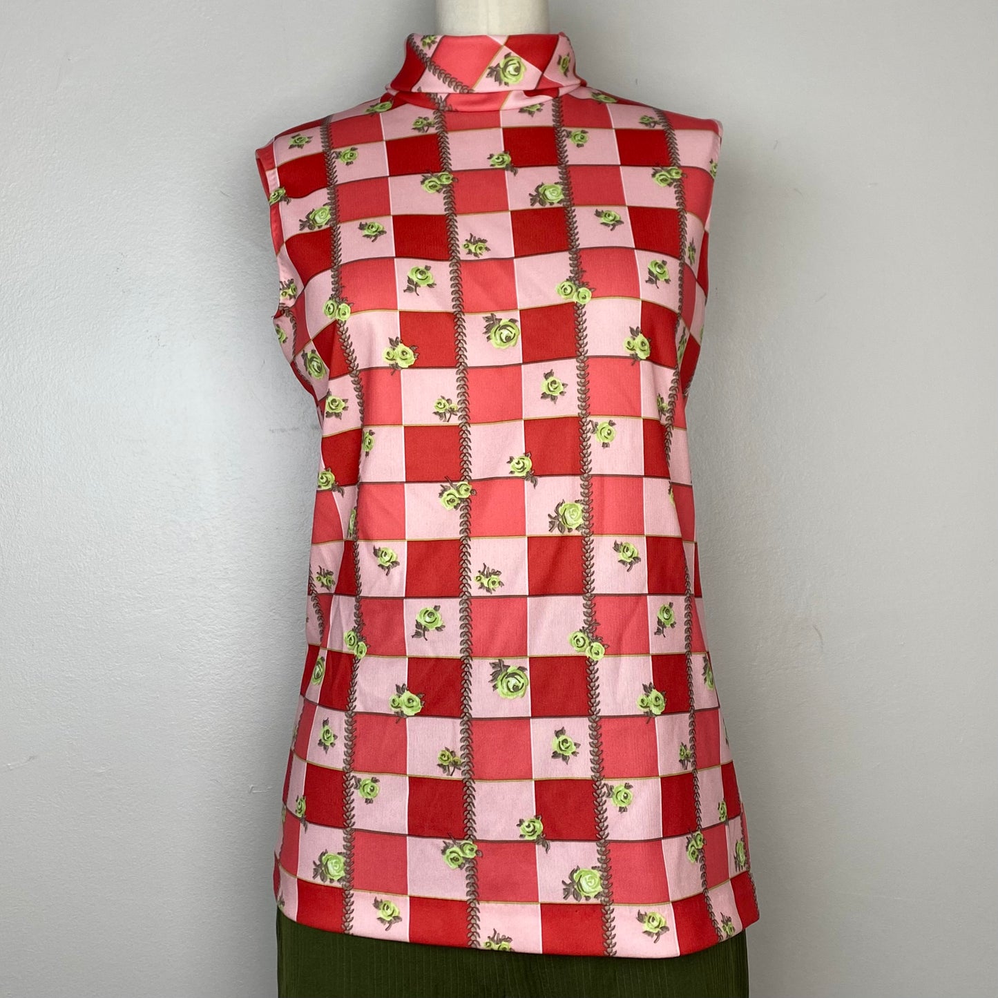 1970s Sleeveless Turtleneck Top, Size Small-Medium, Checkerboard Floral