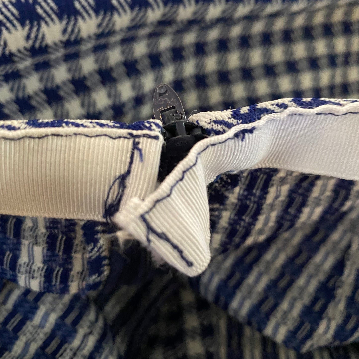 1970s Blue Gingham Bell Bottom Pants, Size XS, Handmade High Waisted Double Knit Flares