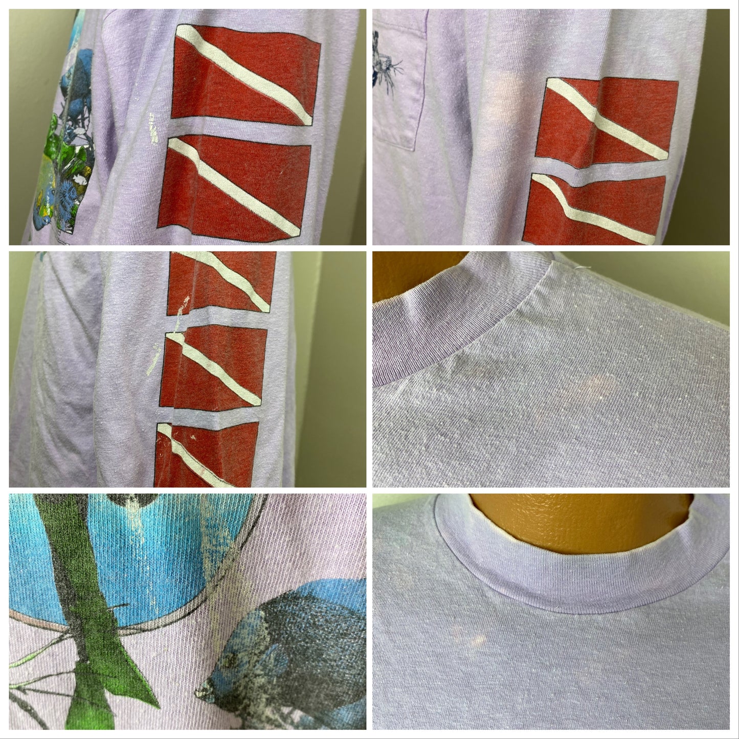 1980s World Class Inc Long Sleeve T-Shirt, Size L/XL, Diving, Finch, Distressed