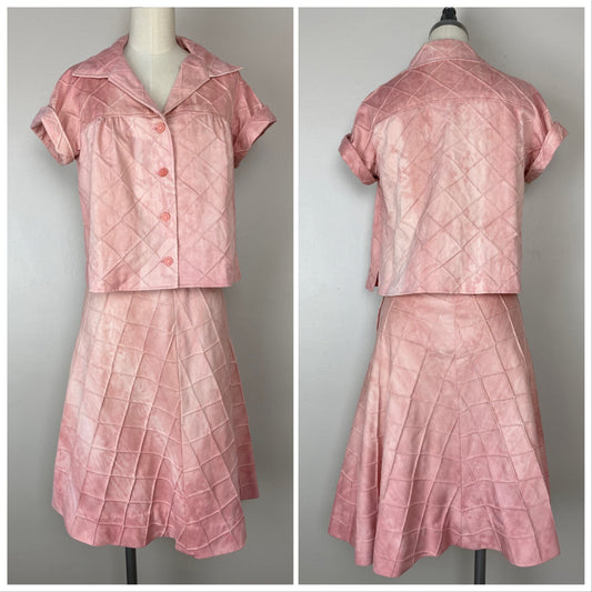 1970s Pink Denim Top and Skirt Set, Size XS/S, Tie Dye, Pin Tuck Grid