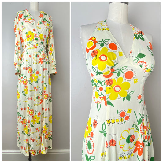 1970s Novelty Print Halter Dress and Cropped Blouse Set, Size XS/S, Floral and Ladybugs
