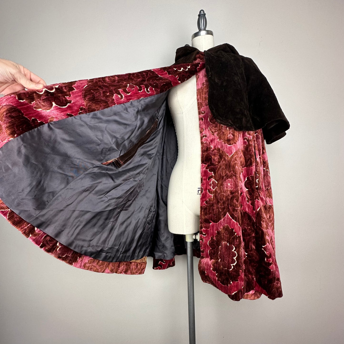 1970s Medieval Inspired Velvet Tapestry and Leather Hooded Cape, OSFA