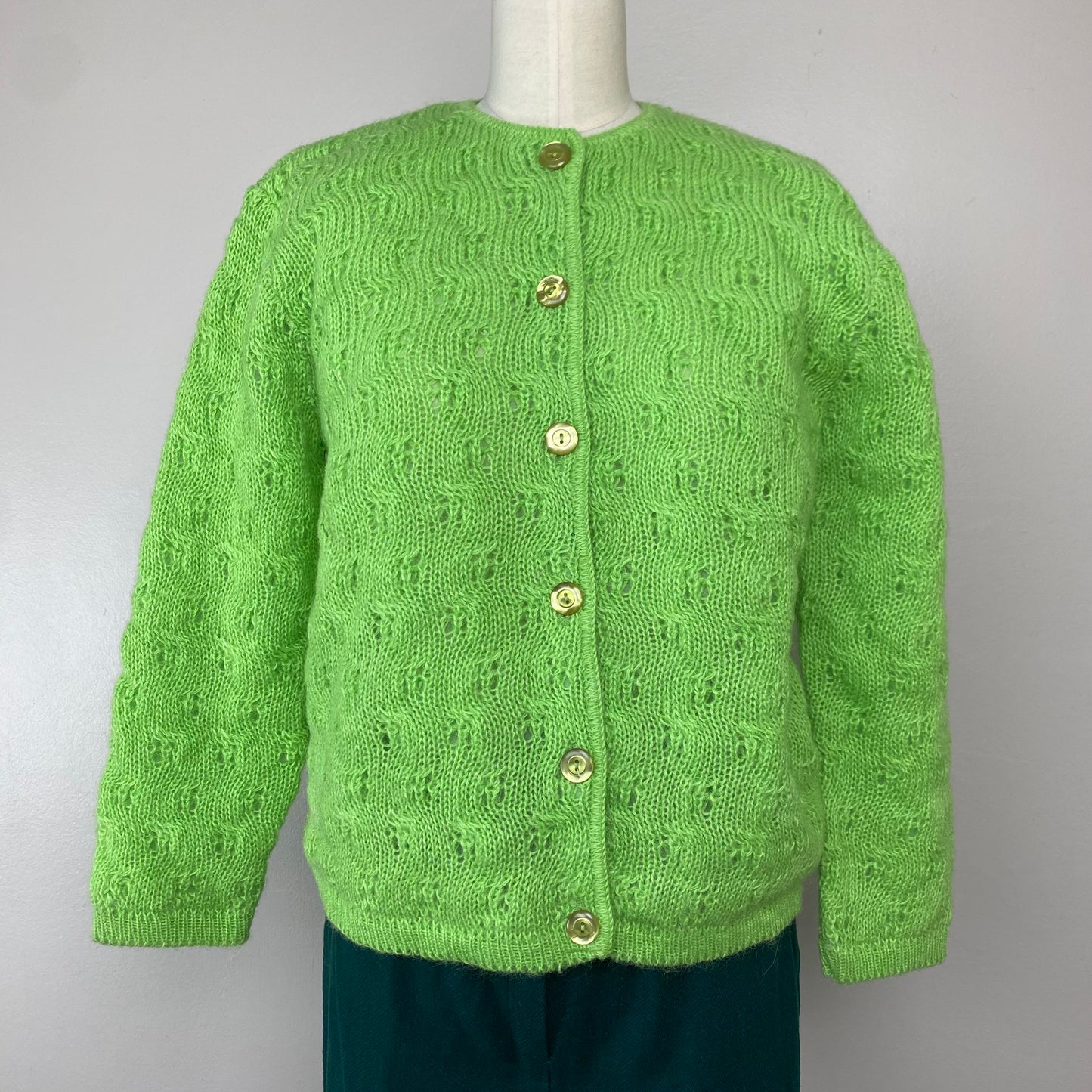 1960s Mohair Blend Cardigan, Sidney Gould, Lime Green, Size Medium