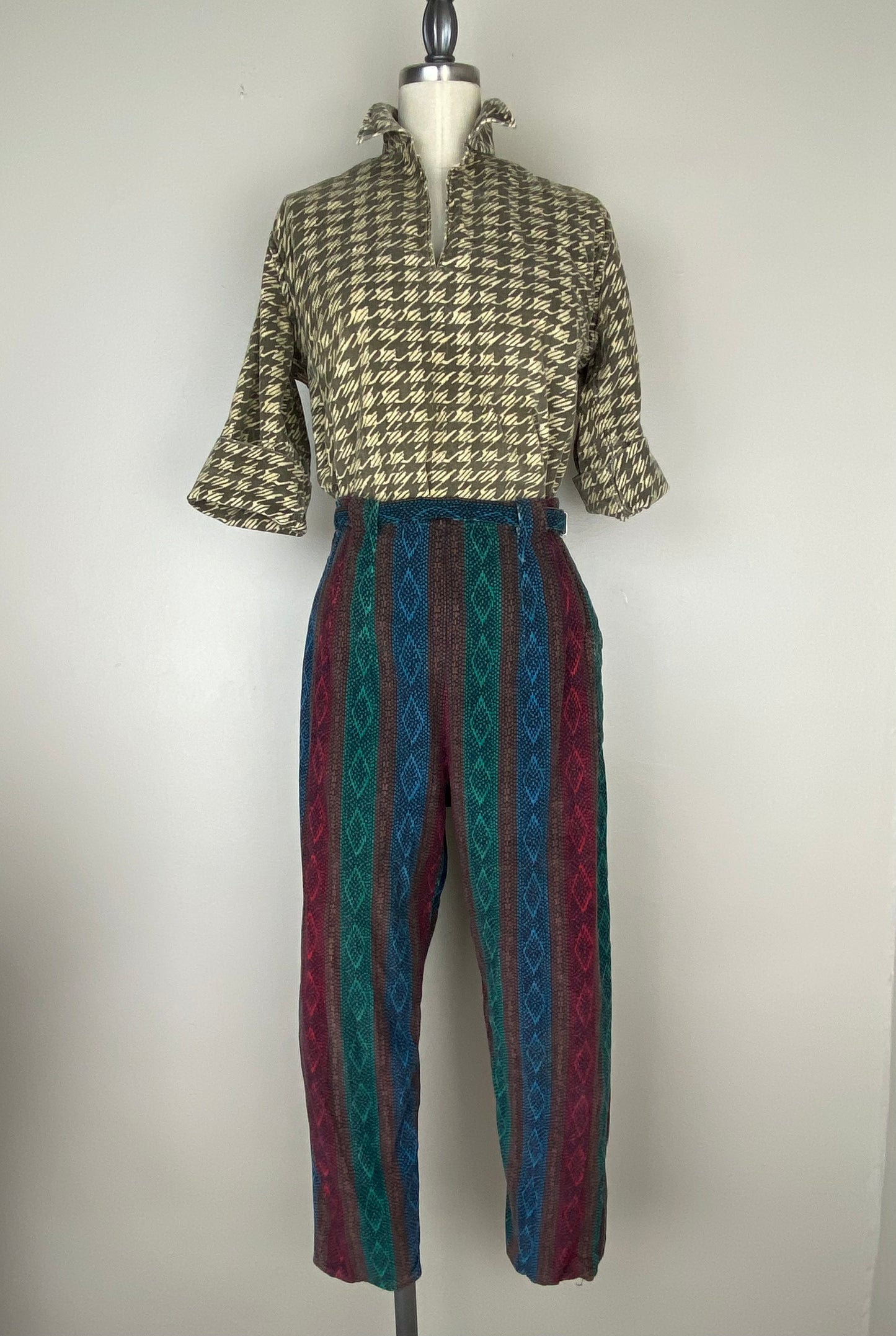 1950s/60s Printed Corduroy Cropped Pants, Size Small, Side Zip, Jewel-tone Harlequin Stripe, Peg Leg Pedal Pushers
