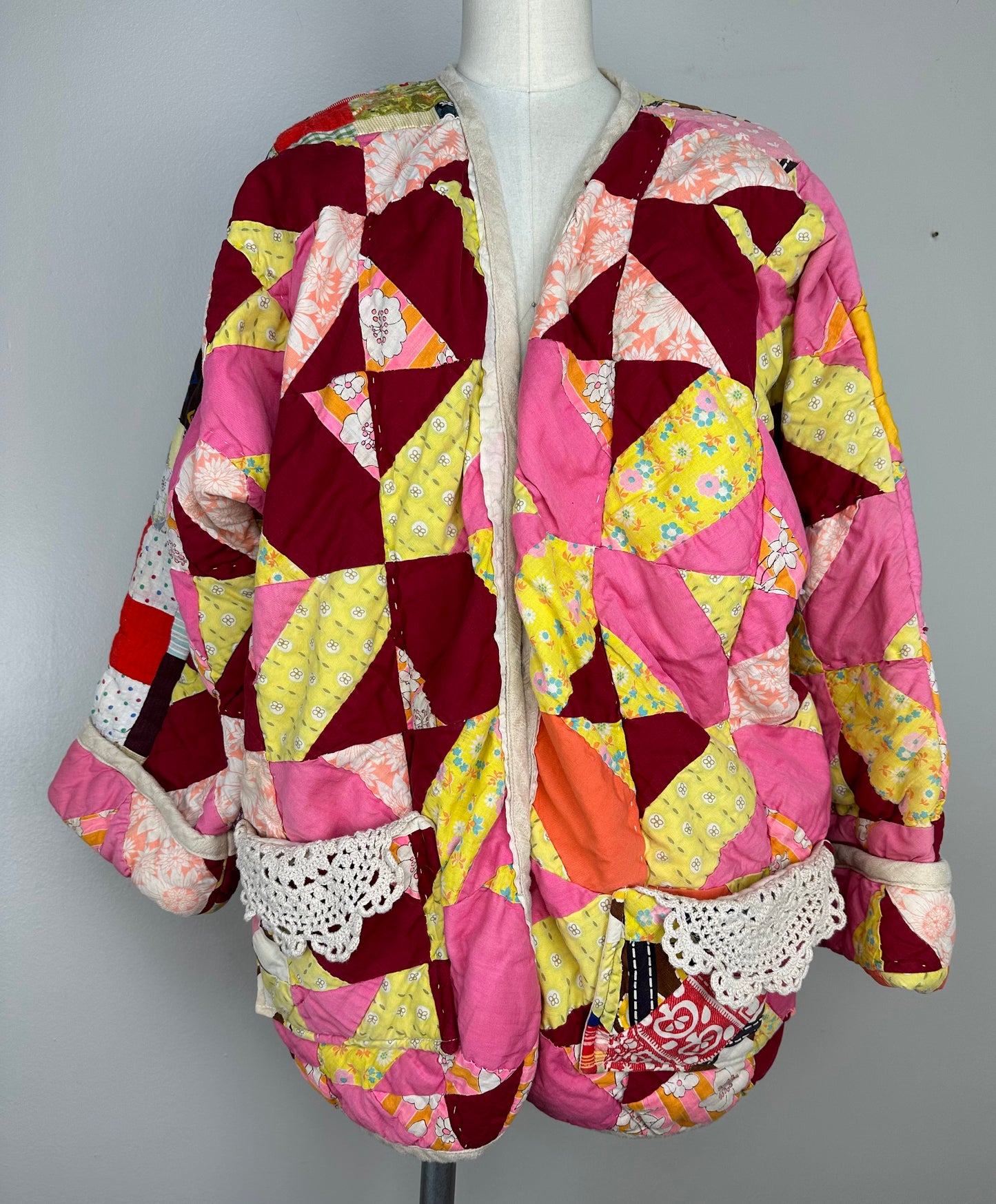Vintage Patchwork Quilt Coat, Handmade, Size Medium