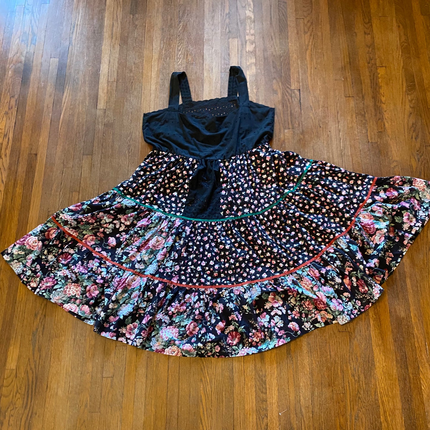 1970s Plus Size Patchwork Dress, Black, Dark Florals, Sundress, Size 2X