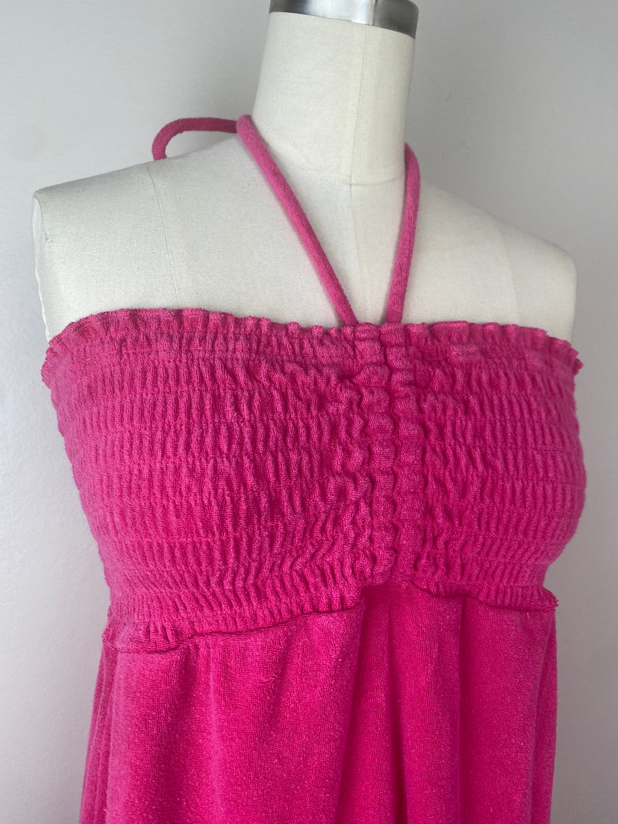 1980s Pink Terry Cloth Halter Dress, Size Small, Bathing Suit Swim Cov Proveaux Vintage