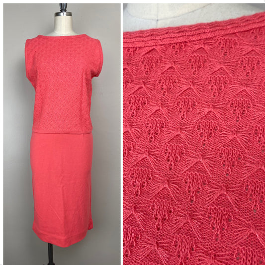1960s Sweater Knit Set, Size XS/Small, Coral Pink Top and Skirt
