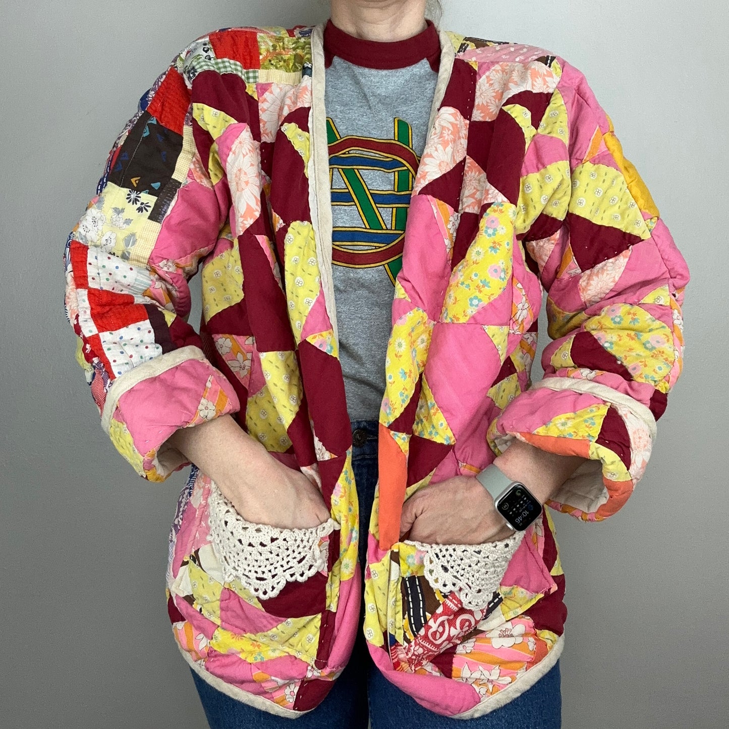 Vintage Patchwork Quilt Coat, Handmade, Size Medium