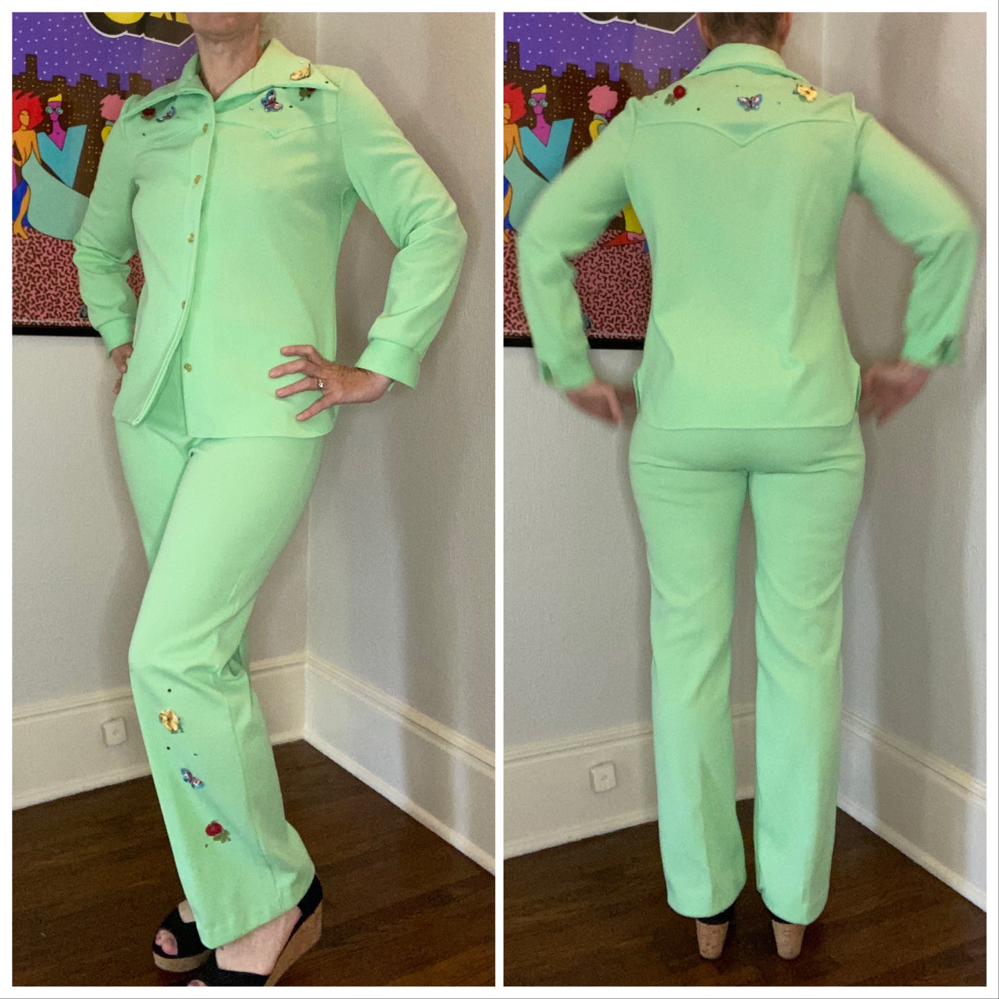 1970s Green Embellished Western Set, Size S/M, Double Knit Shirt Jacket and Pants, Rhinestones Butterflies Roses