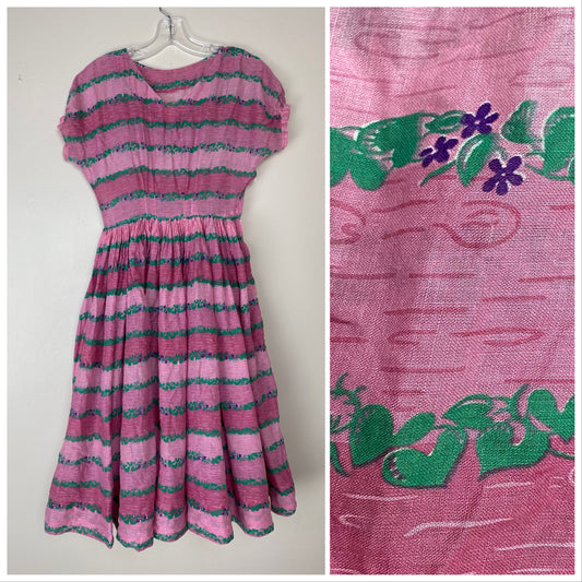 1950s Sheer Floral Stripe Dress, Heart Vine, Size XS/S