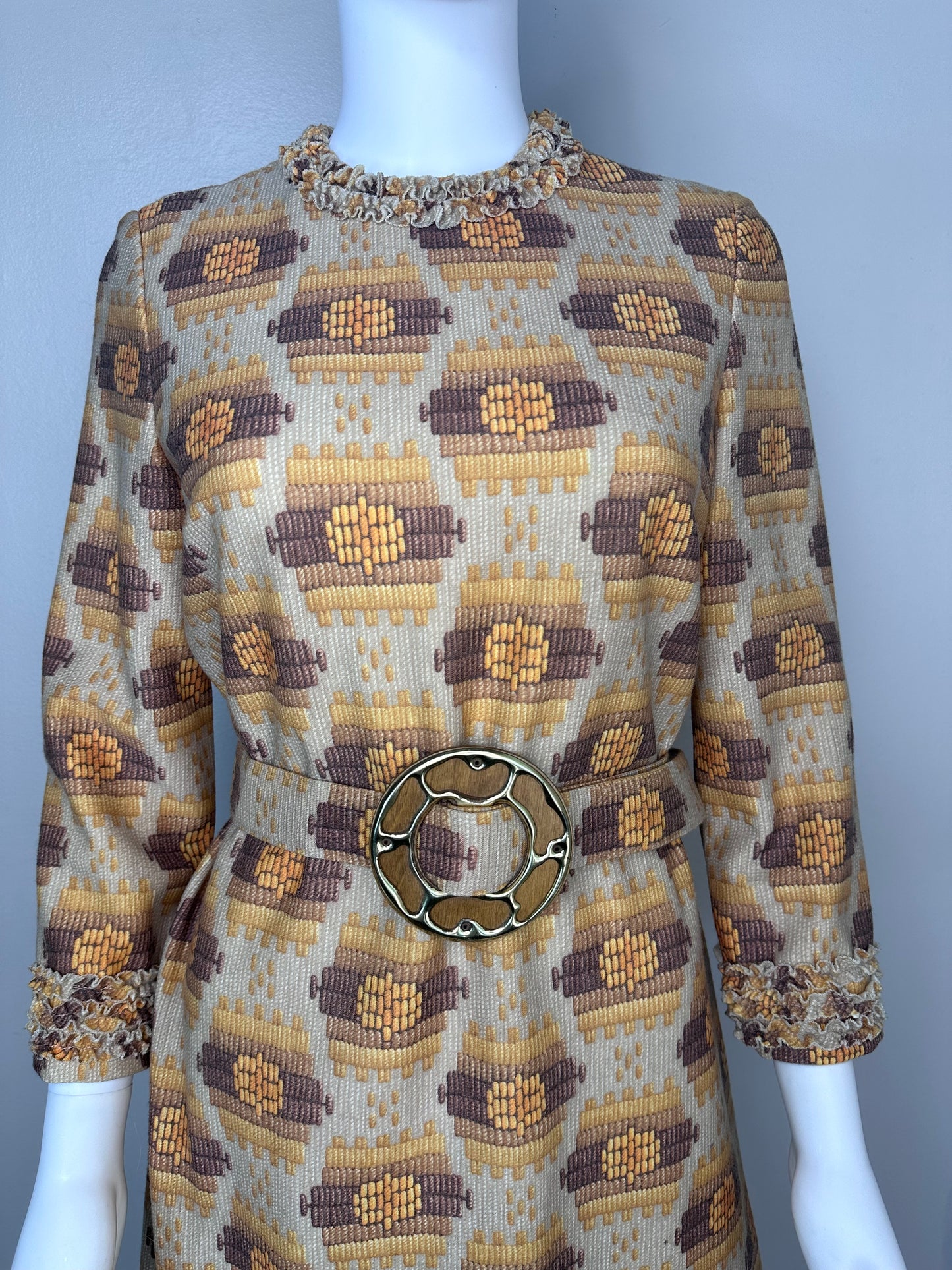 1970s Geometric Print Dress with Wide Belt, Size Medium, Yellow and Brown