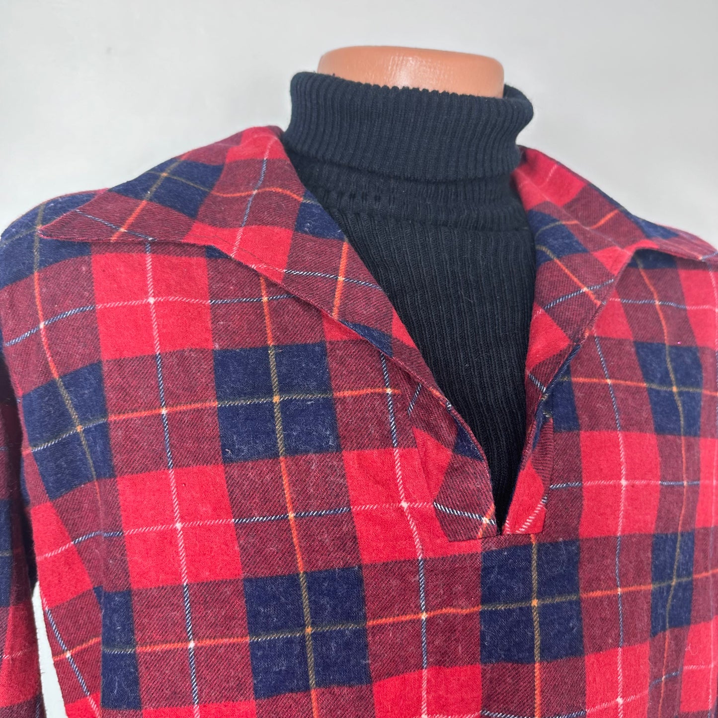 1970s Red Plaid Flannel Collared Shirt with Built in Black Rib Knit Turtleneck, Sears Sportswear