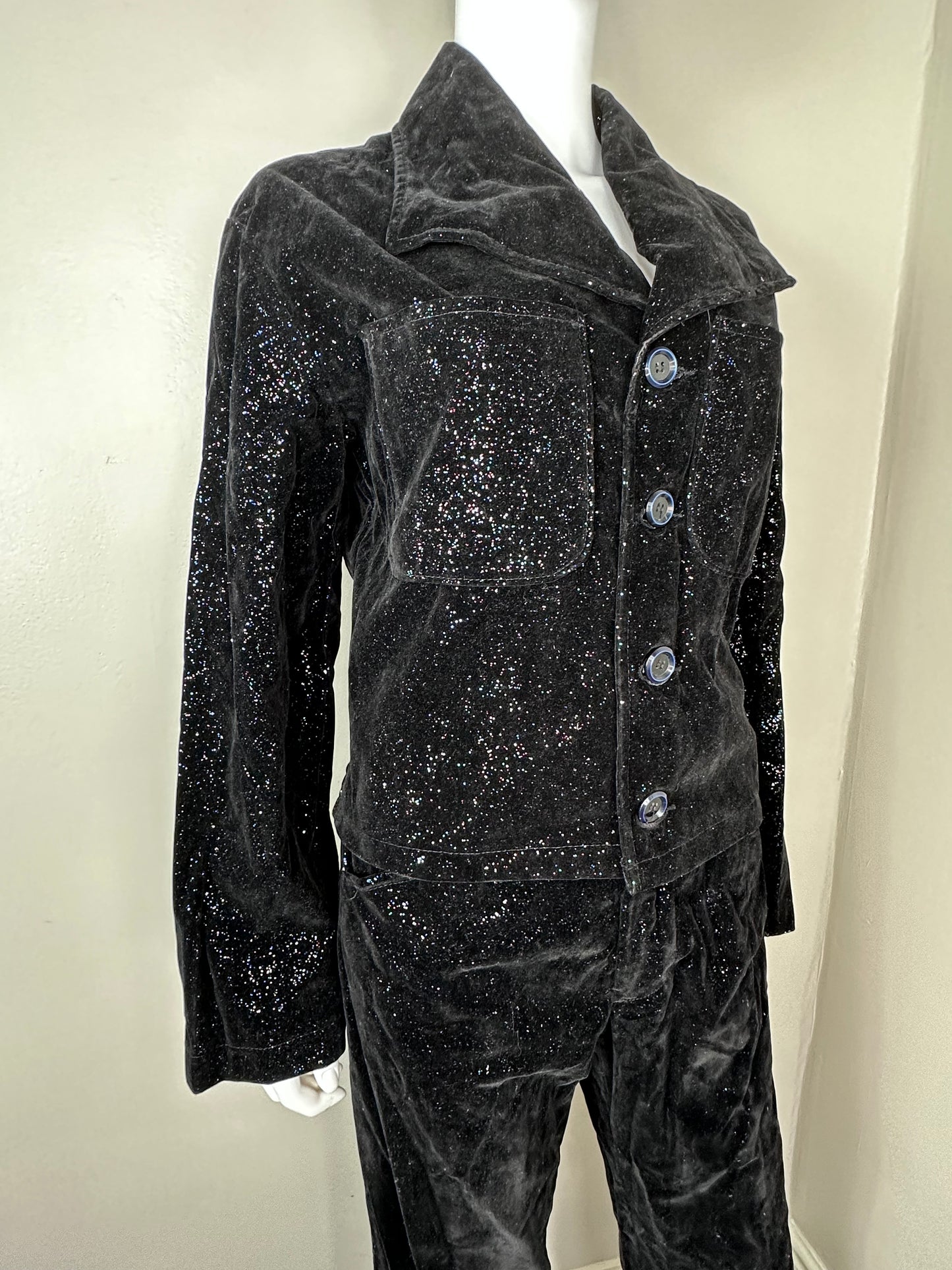 1960s/70s Black Velvet with Rainbow Glitter Suit, National Shirt Shop Jacket and Pants, Size S/M