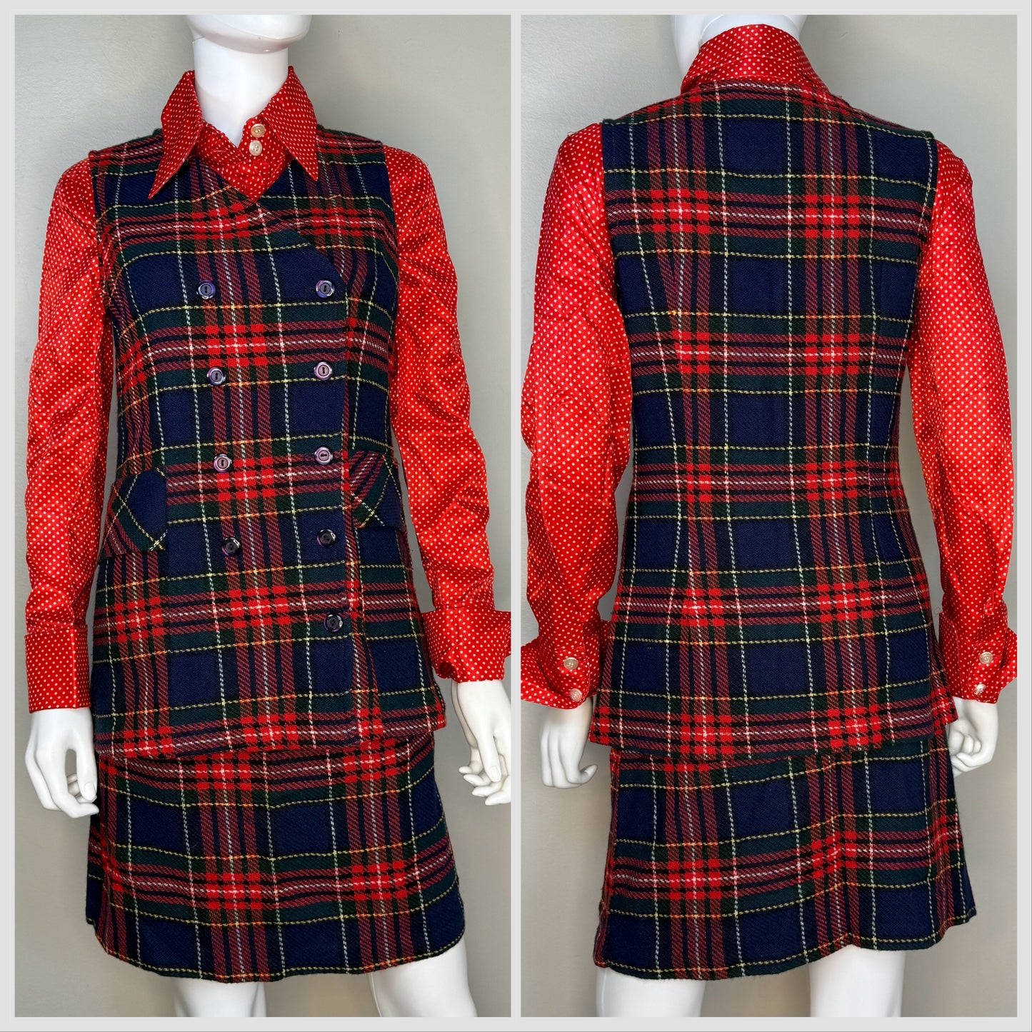 1960s Navy Blue and Red Plaid Vest and Skirt Set, Handmade Size Small
