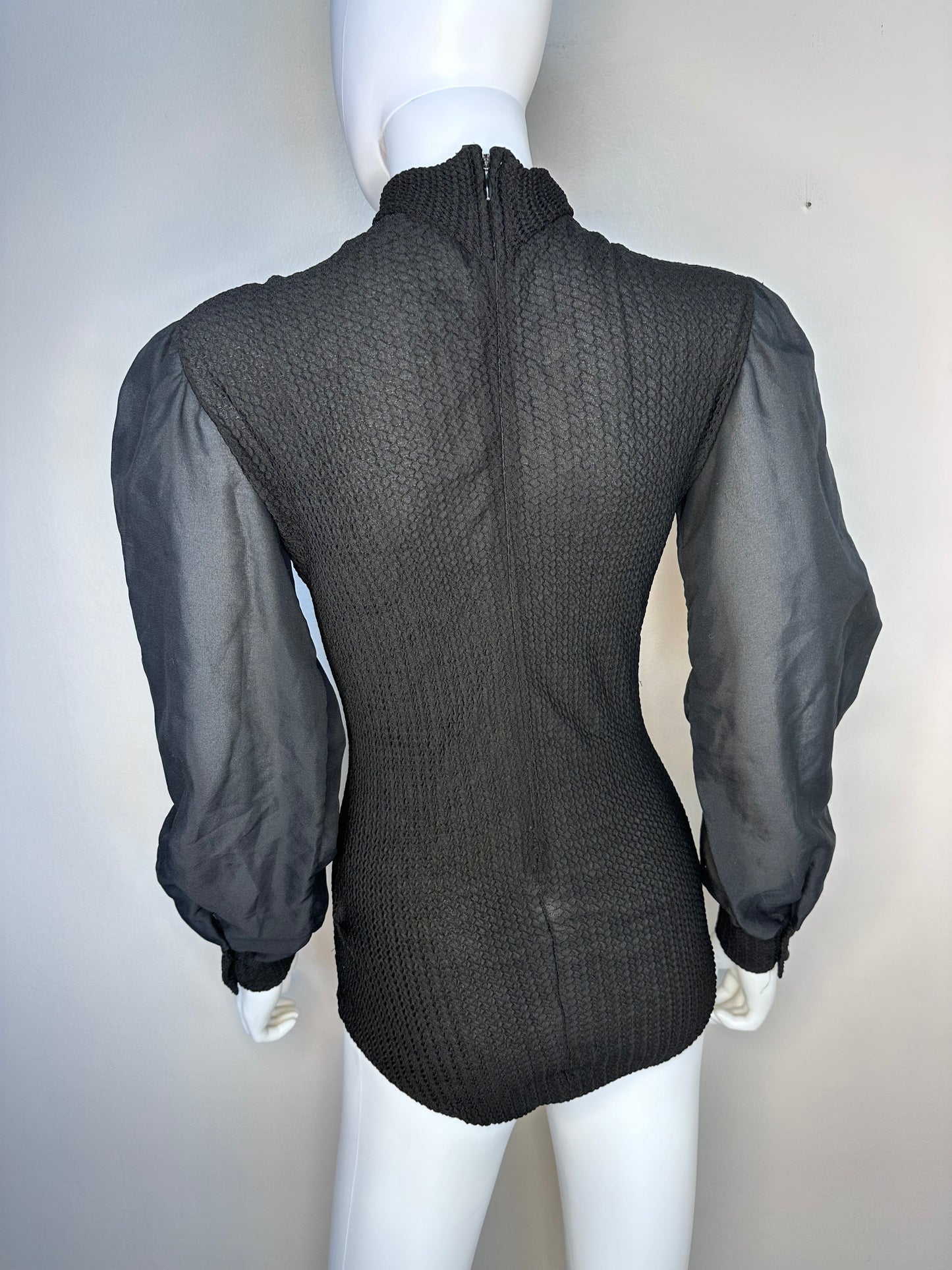 1970s Black Turtleneck Body Suit with Sheer Balloon Sleeves, Size Medium