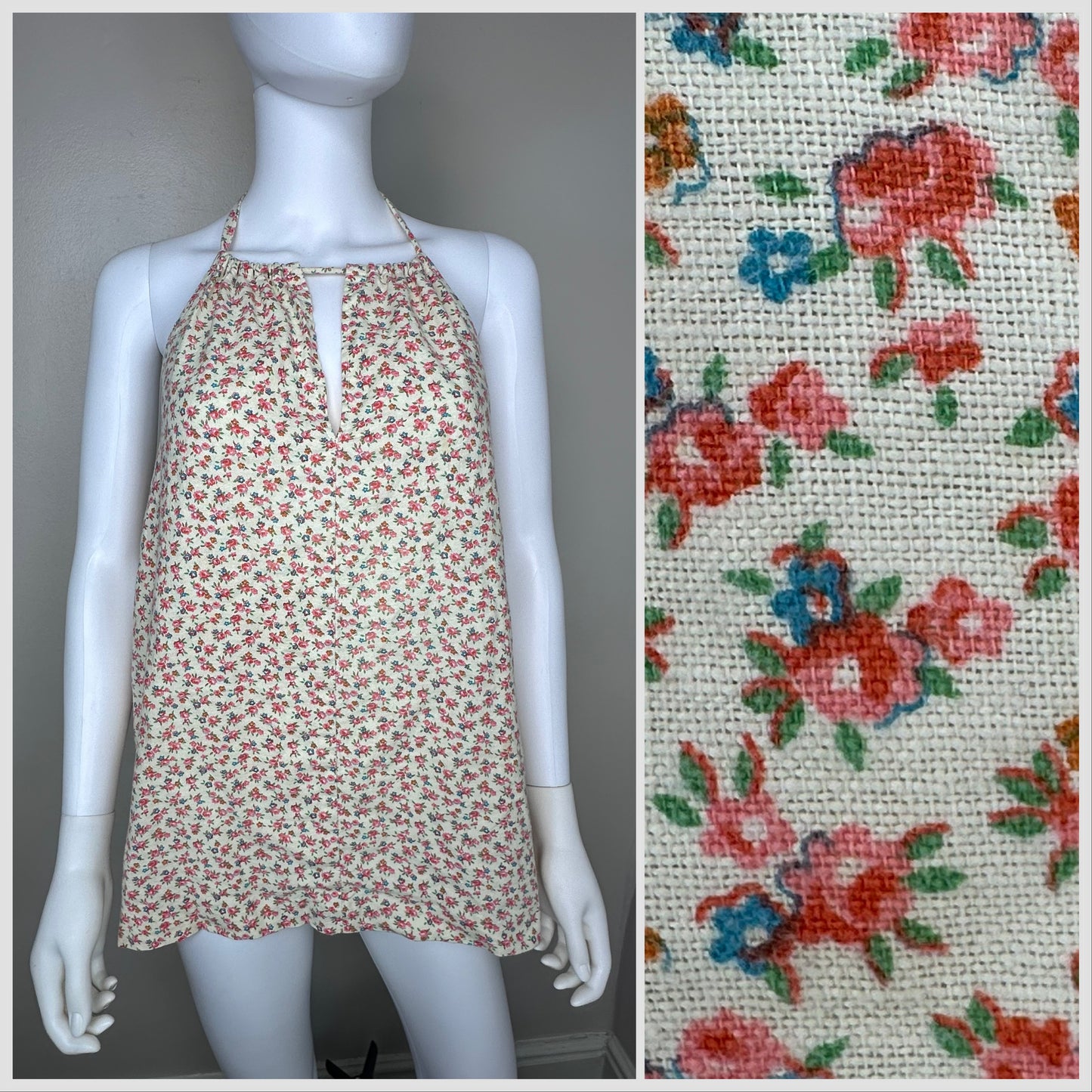 1970s Floral Halter Top Tunic, Micro Mini Dress, Handmade Size S/M, Open Back