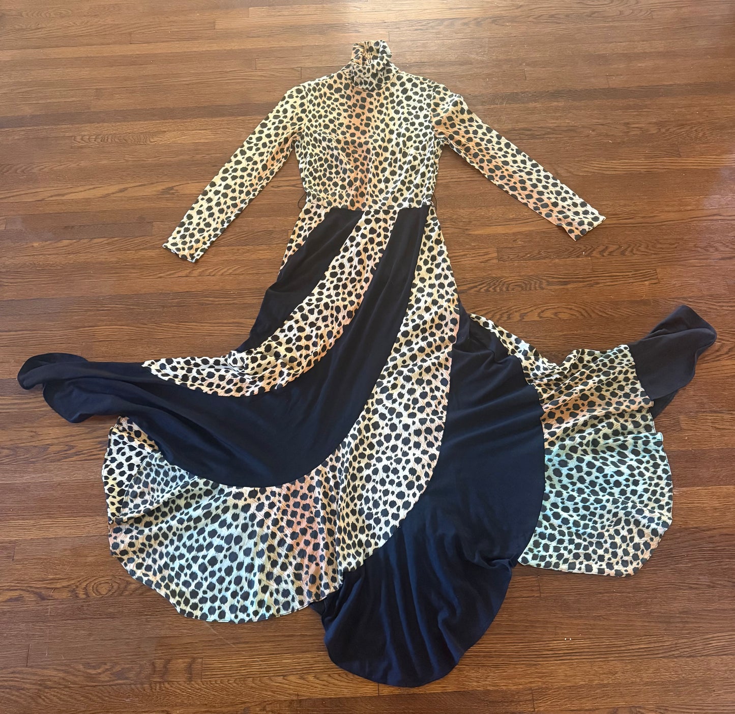 1970s Leopard Print Maxi Dress, Long Sleeve Turtleneck, Size Small, Curved Panel Skirt with Full Sweep