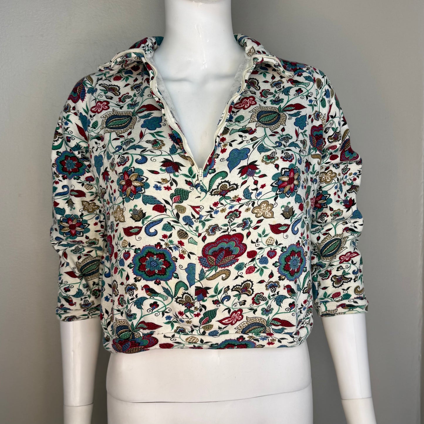 1960s Girls’ Floral Print Sweatshirt, Half Zip, Karinda of California Size 8