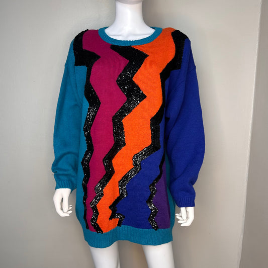 1990s Bright Zig Zag Sweater with Black Sequins, Extra Point by Reference Point Size 3XL, Deadstock with Tags