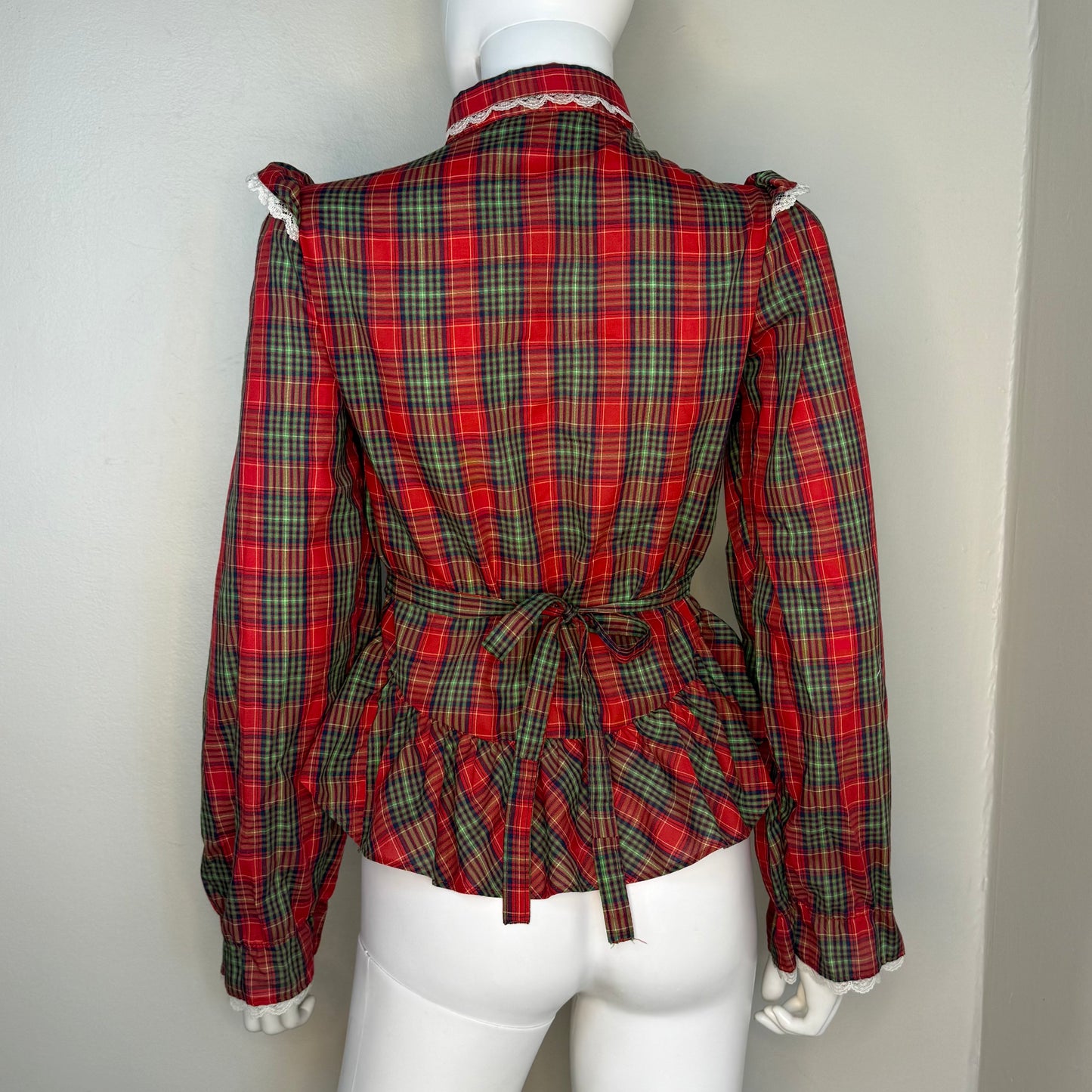 1980s Red and Green Plaid Prairie Western Blouse with Lace Trim, Parallel Lines Size XS/S