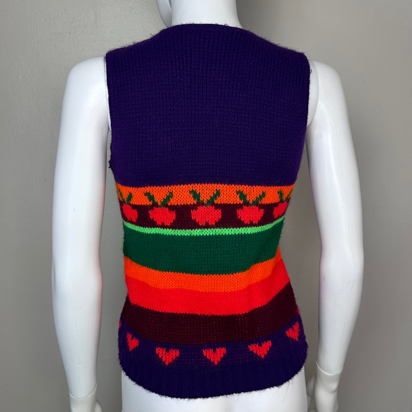 1960s Psychedelic Stripe Sweater Vest, Colleen Knitwear Size XS/S, Hearts, Veggie, Fruit