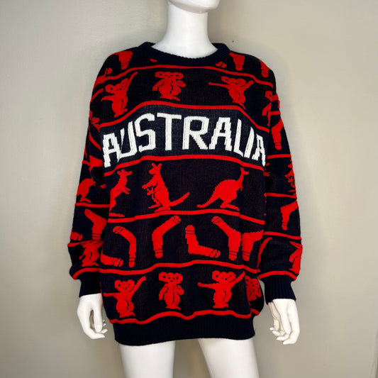 1990s Australia Sweater, Dun Blue Size Large, Koala Bears, Kangaroos, Boomerangs