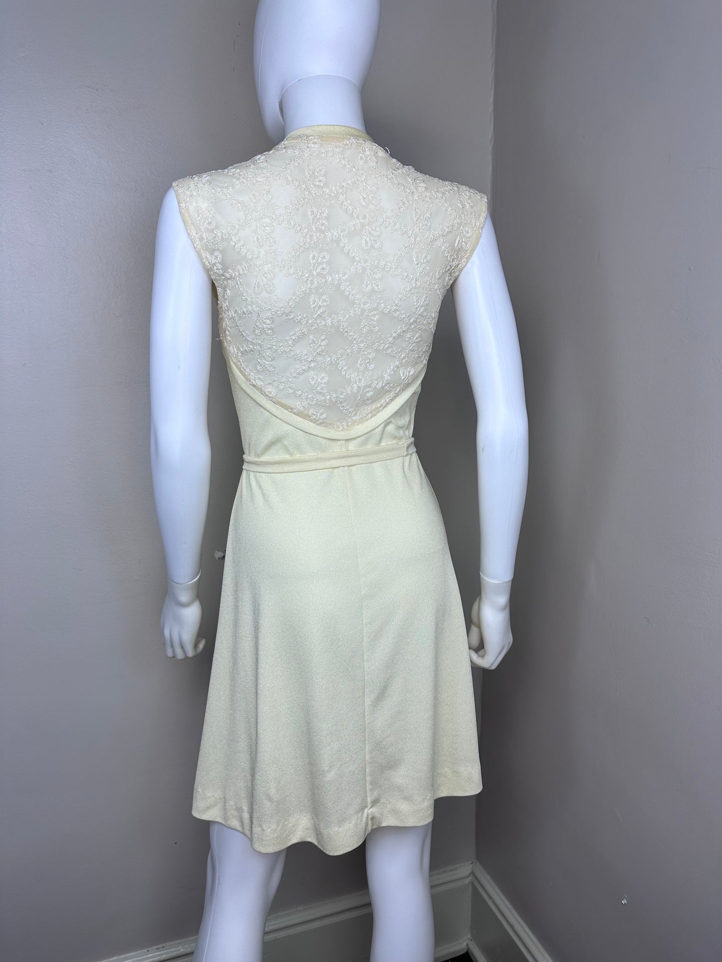 1970s Cream Knit Mini Dress with Sheer Lace Back, Size XS