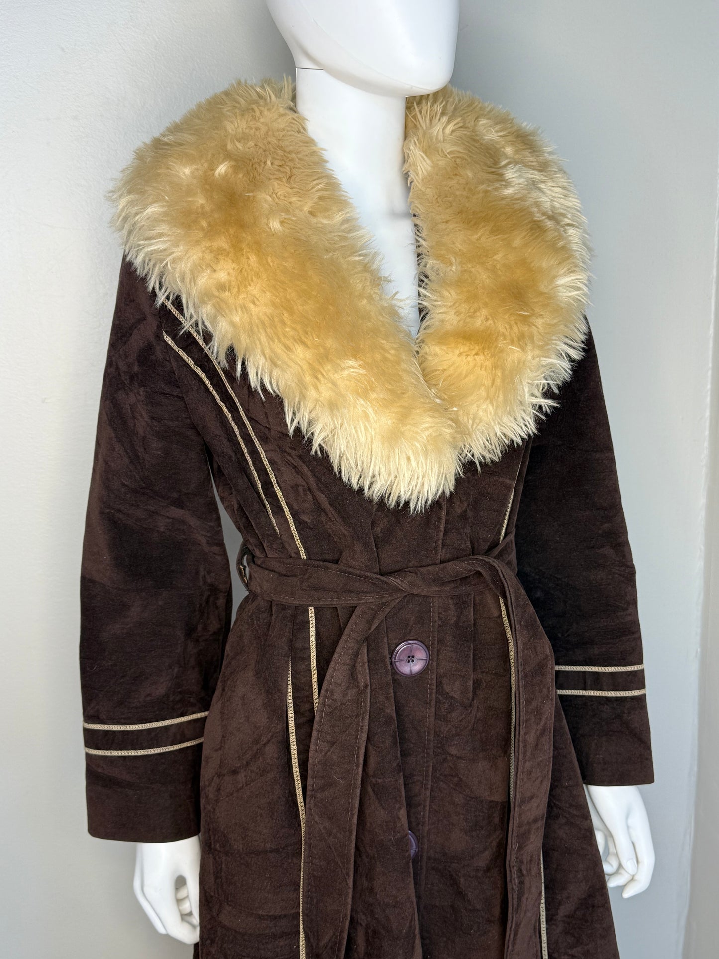 1970s Brown Velvet Coat with Faux Fur Collar, Size Small, Penny Lane