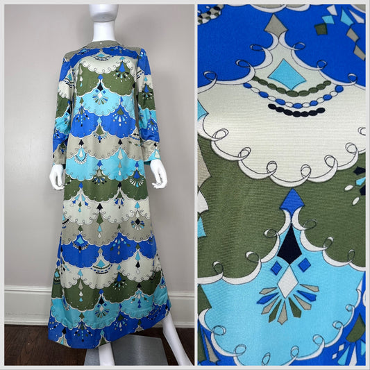 1960s Pucci Style Print Maxi Dress, Handmade Size Medium