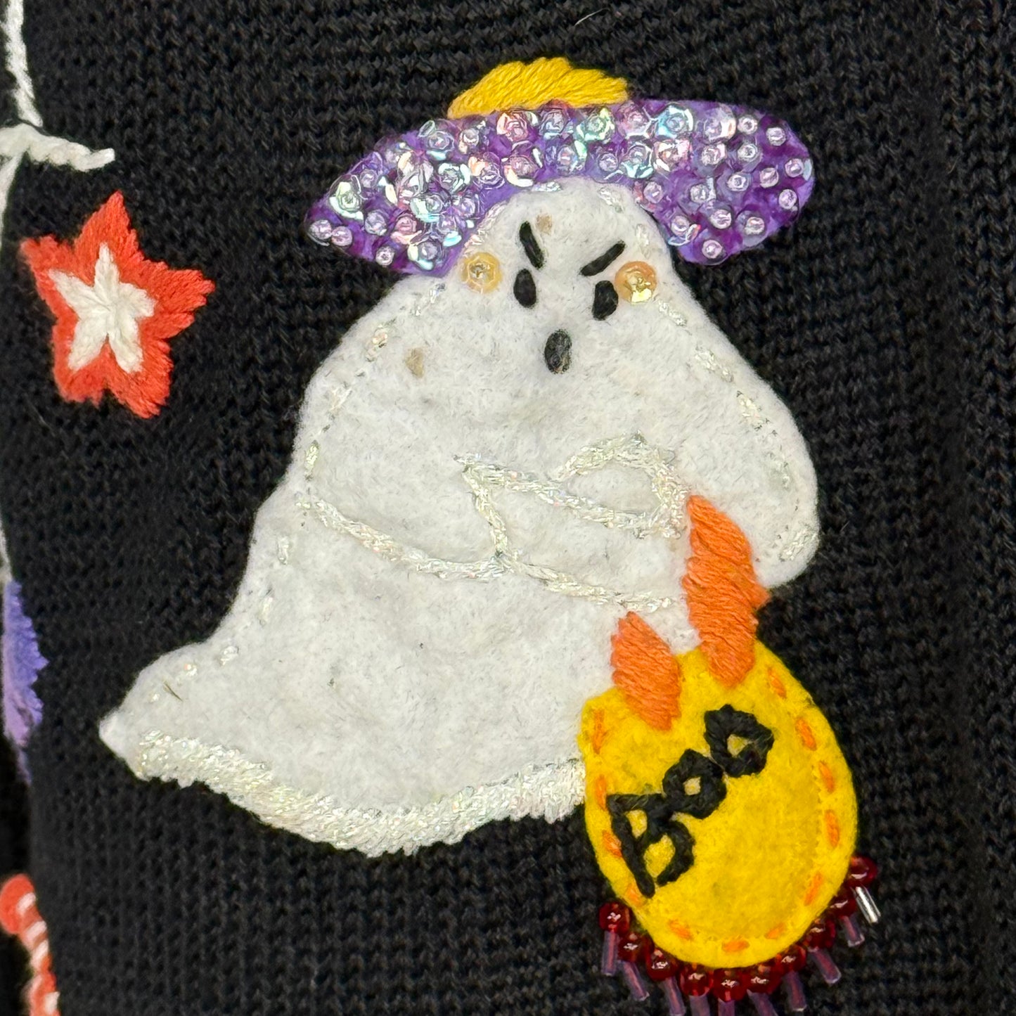 Y2K Halloween Sweater Vest Cardigan, Tiara International Size XL, 2002, Ghosts Applique, Spider Web Embroidery