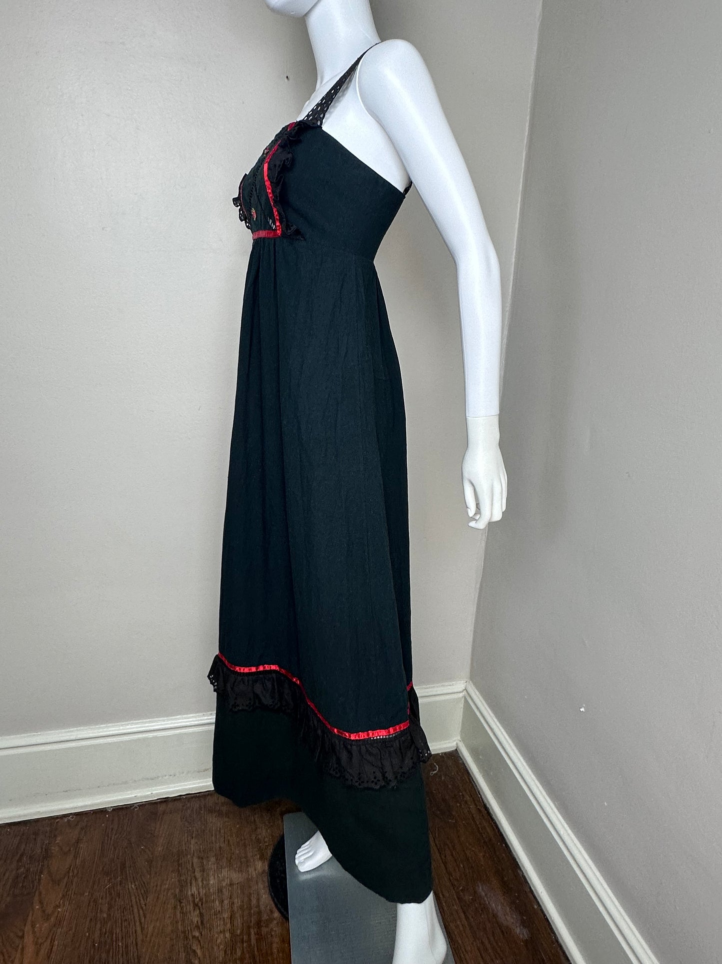 1970s Black Cotton Maxi Dress, Young Edwardian by Arpeja Size XXS, Cut Out