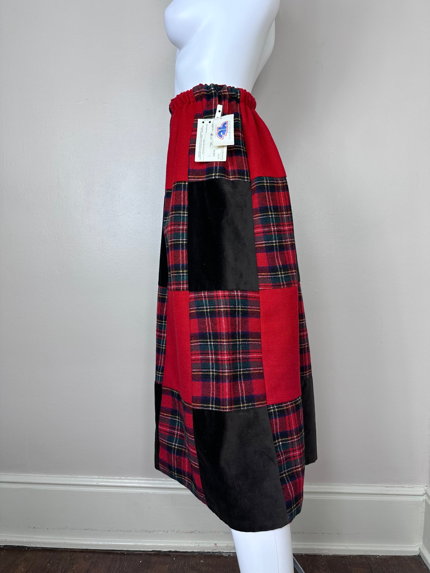 1970s Red Plaid Patchwork Midi Skirt, Young Traditions Size Small, Deadstock with Tags