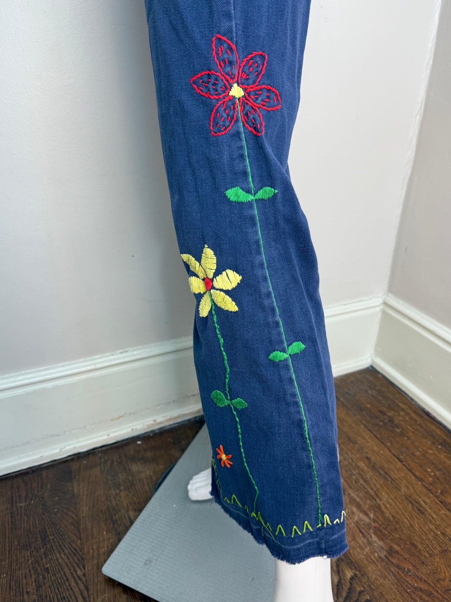 1960s Wrangler Jeans with Floral Embroidery, Low Rise, Flare Leg, Navy Brushed Denim, Hand Embroidered, 26.5"x29"