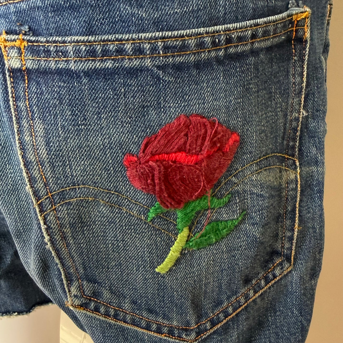 1960s/70s Levi’s Cut Off Denim Shorts, Hand Embroidered Flowers on Pockets, 33" Waist