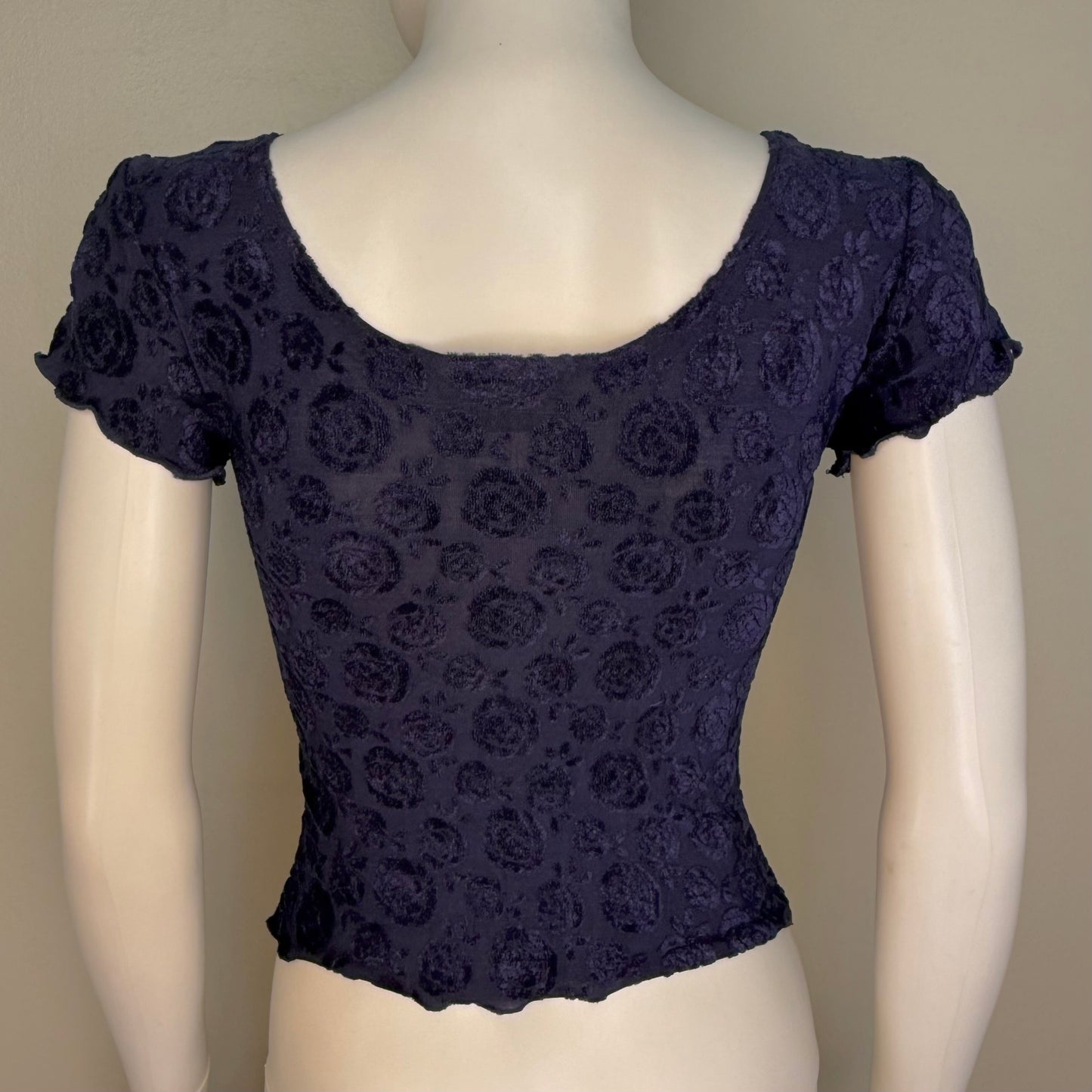 1990s/Y2K Navy Blue Floral Velvet Burn Out Top, Jazz Sport Size XS, Mesh Knit with Velvet Flowers