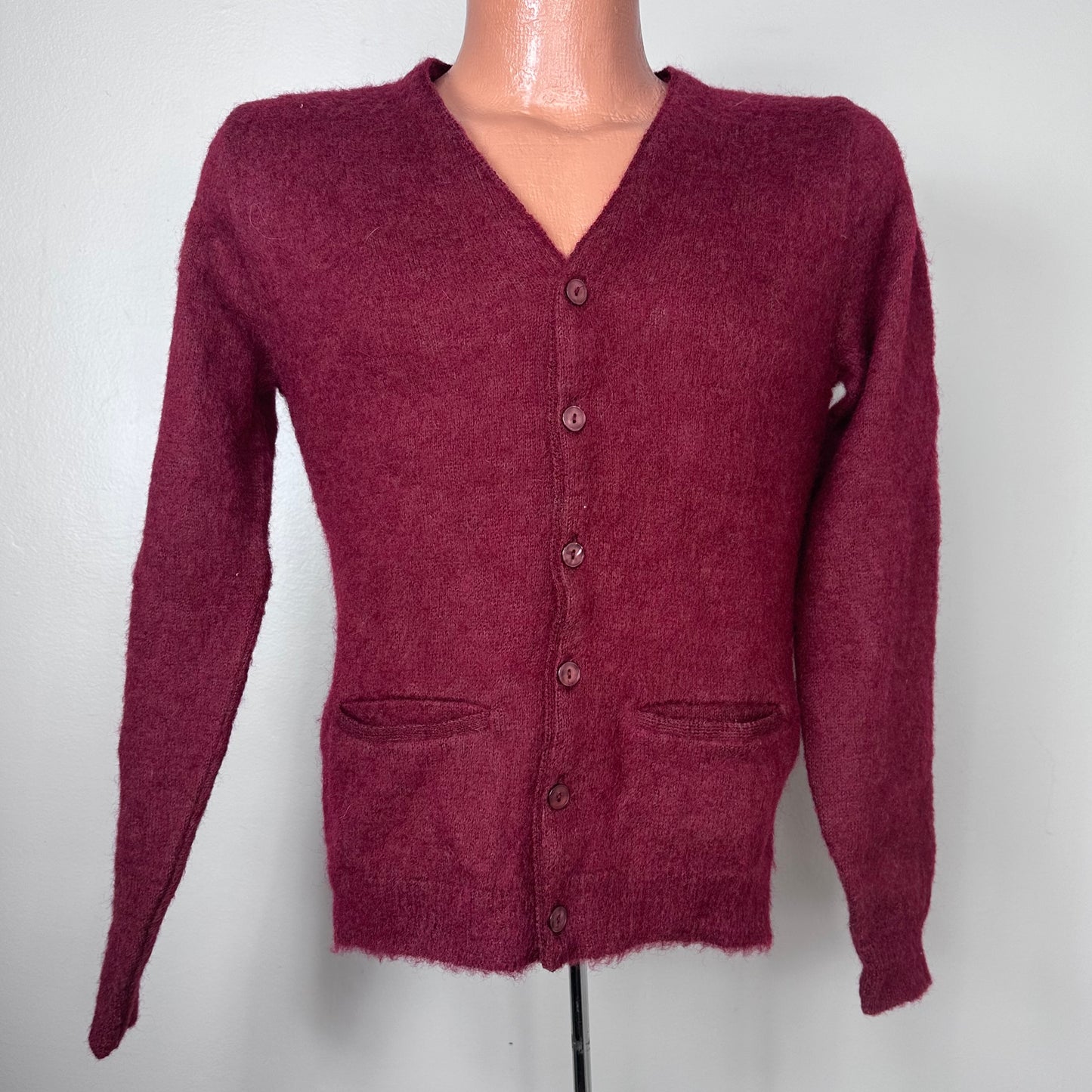 1960s Maroon Fuzzy Mohair Cardigan Sweater, Amcrest Size Small