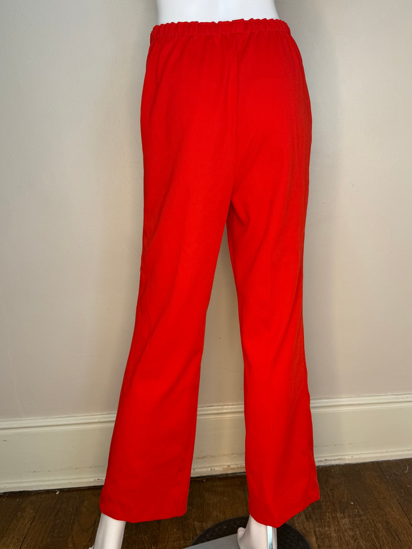 1960s/70s Mod Red Pant Suit, Sleeveless Top and Pants, Polyester Double Knit with Rainbow Trim, Size Medium