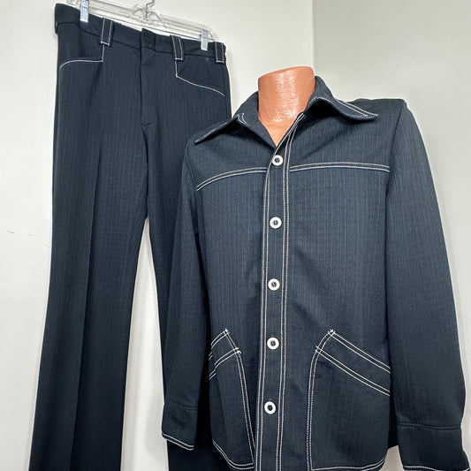 1970s Black Leisure Suit, Kings Road Sears The Men’s Store Size S/M, Jacket and Pants