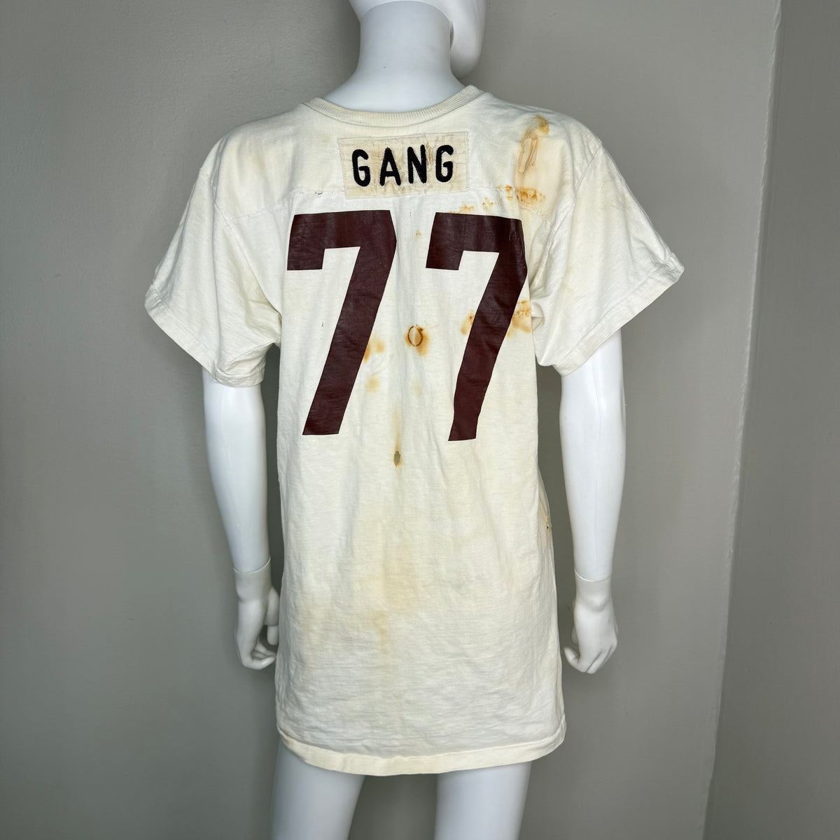 1960s White Cotton Jersey, Size Large, No 77, Chainstitch Name GANG, Very Distressed