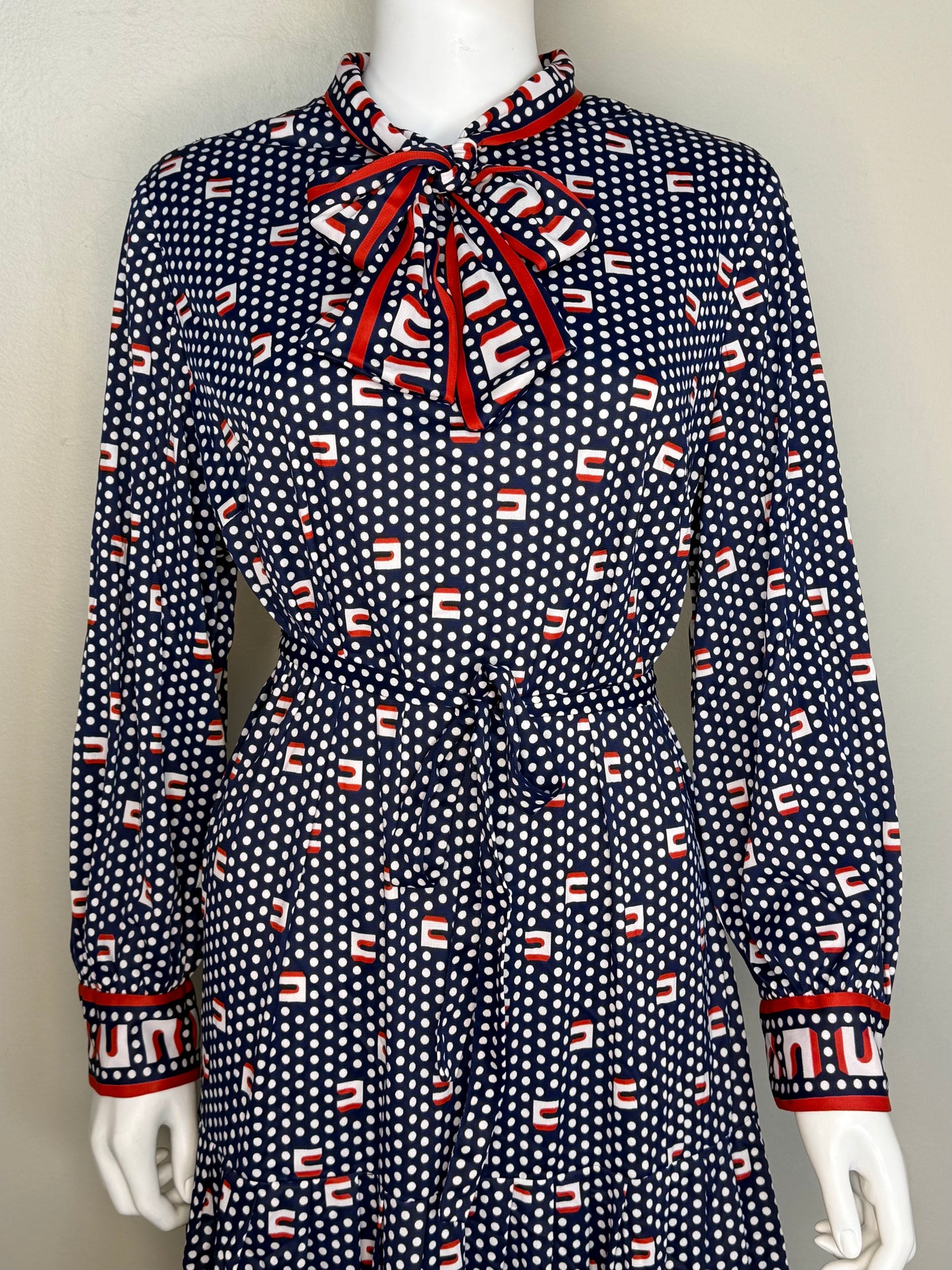 1960s/70s Polka Dot Dress with Pussy Bow Neck, A Mendel Creation Size XL
