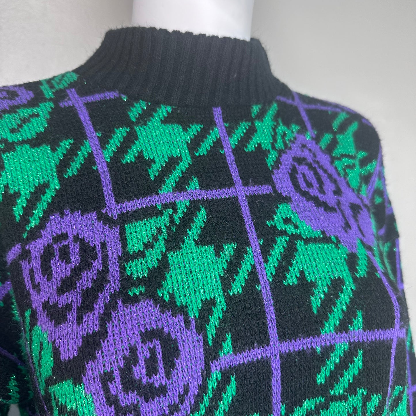 1980s Metallic Floral and Plaid Sweater, Adele Knitwear Size Medium-Large