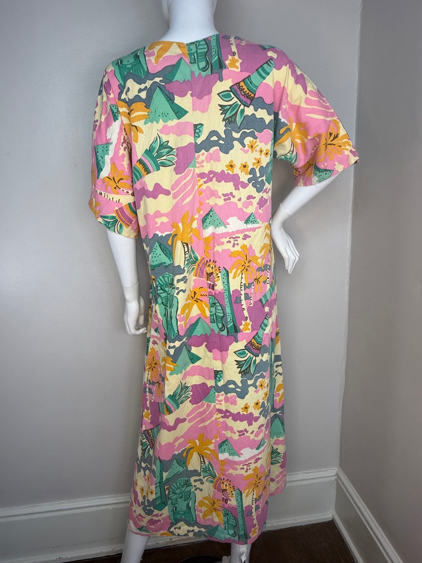 1960s/70s Psychedelic Egyptian Print Caftan Dress, Handmade Size Medium, Egyptomania