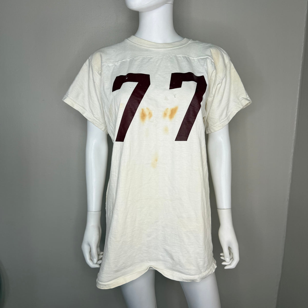 1960s White Cotton Jersey, Size Large, No 77, Chainstitch Name GANG, Very Distressed