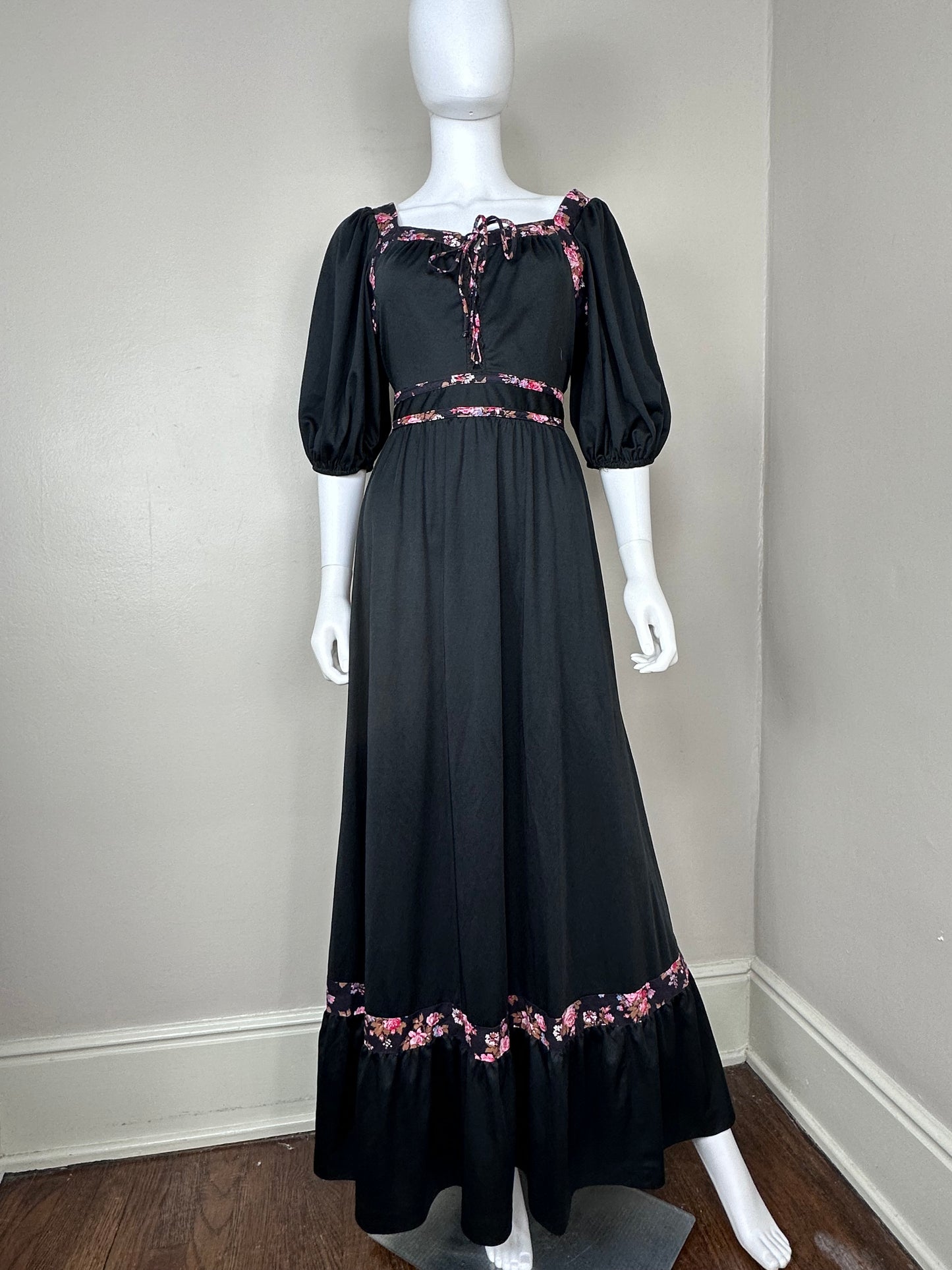 1970s Black Prairie Maxi Dress with Floral Trim, Jody of California Size Medium