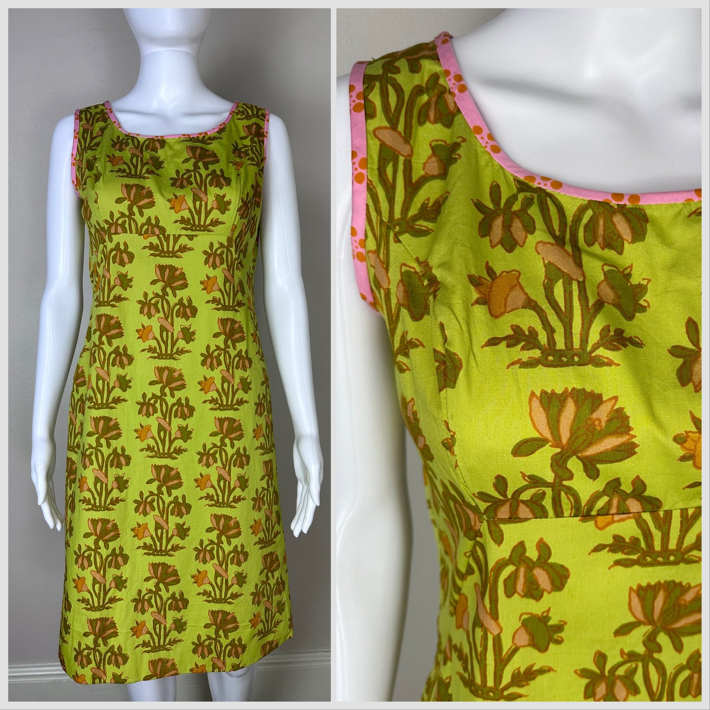 1960s Green and Pink Floral Sleeveless Dress, Handmade Size Small