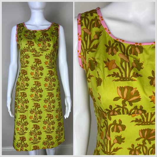 1960s Green and Pink Floral Sleeveless Dress, Handmade Size Small
