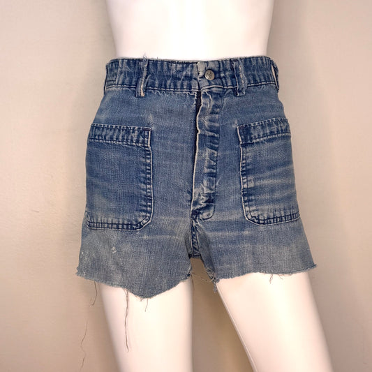 1970s Denim Shorts, Distressed Cut Offs, Seafarer, Fabric by Erwin, Selvage, US Navy Uniform Jeans