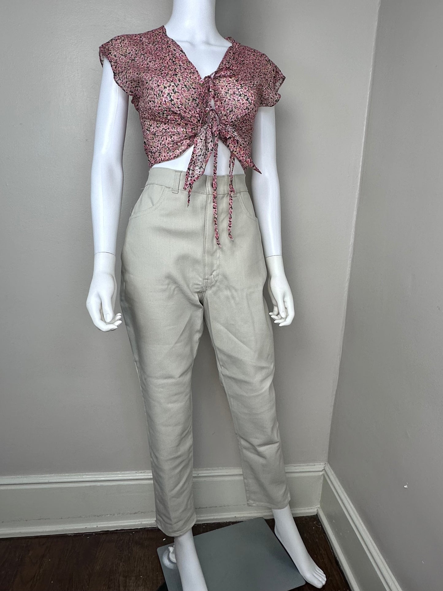 1970s Sheer Floral Cropped Tie Front Blouse, Size XS-Small