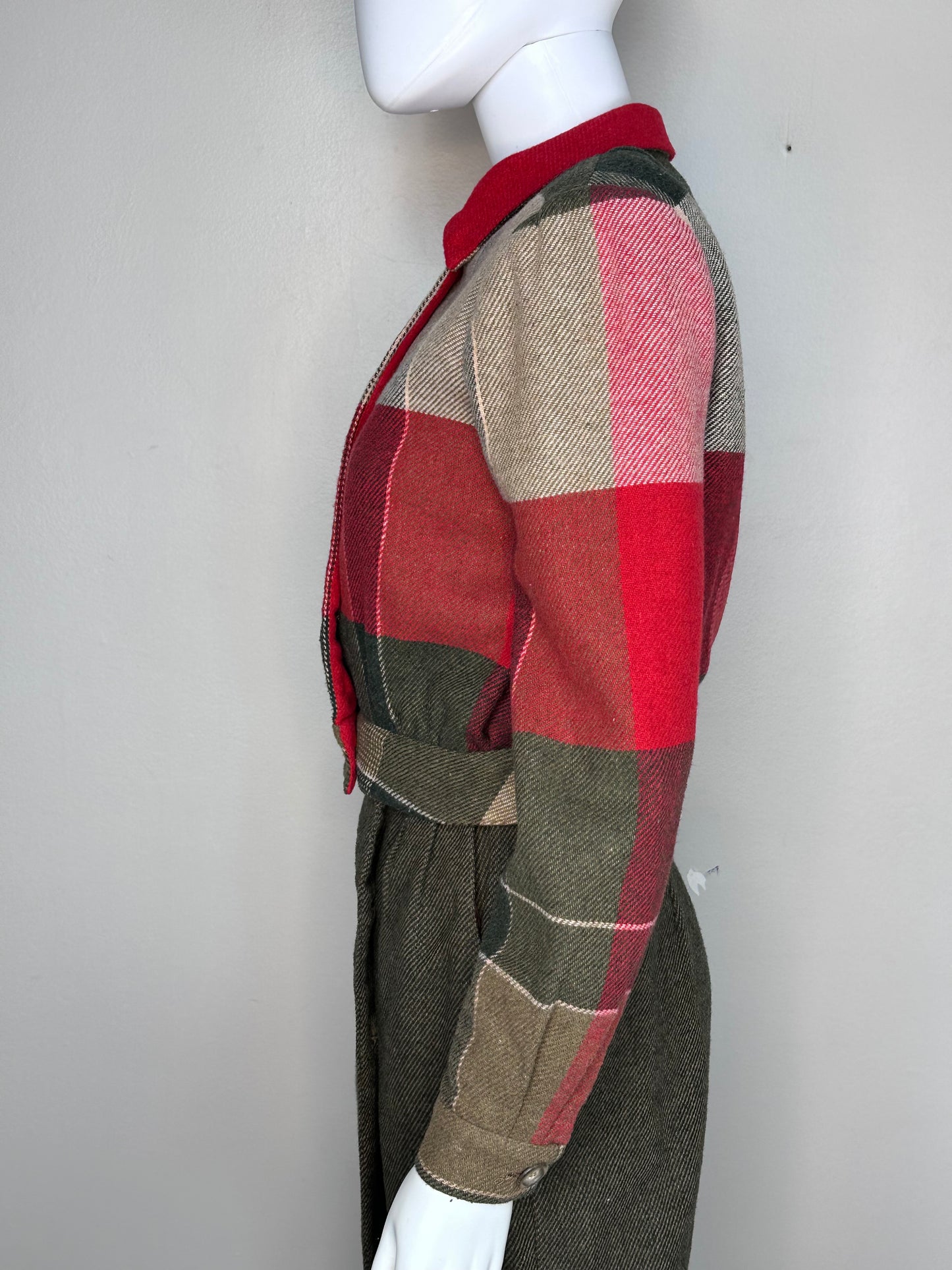 1970s Suit, Red and Olive Green Plaid Jacket and Wrap Skirt, The Strawberry Plant by Dorothy Schoelen Size XS